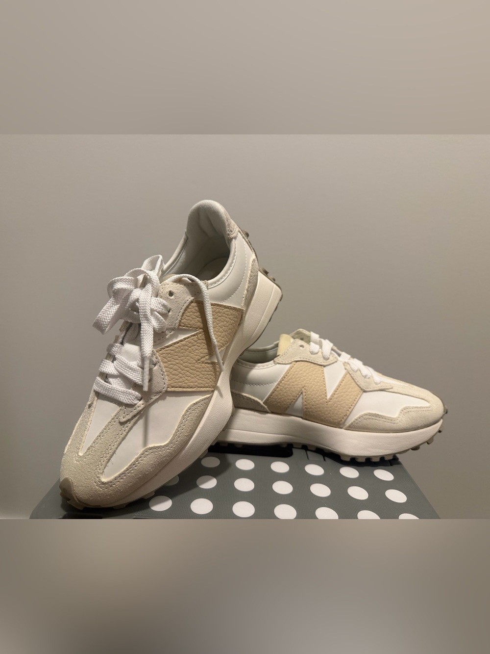 New Balance Beige and White Retro Runner Sneakers